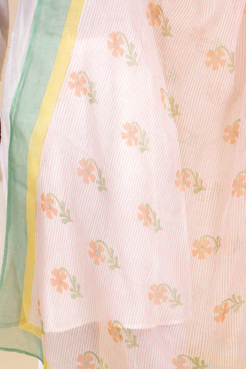 Kota Doria Dupatta In Floral Block Print